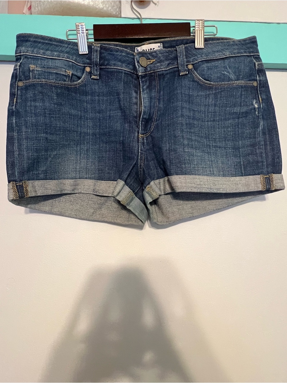 PAIGE Denim Cuffed Jean Shorts Size 29 Medium Wash Rolled Hem Stretch Denim